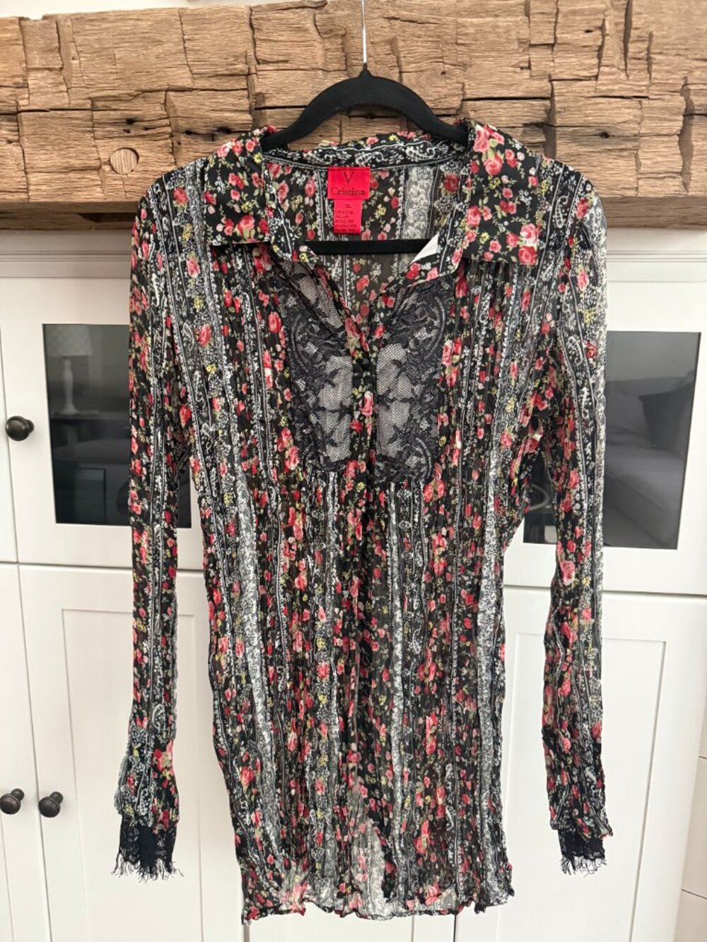 V Cristina Sheer Floral Lace Button Down Blouse XL Cottagecore Boho Grunge